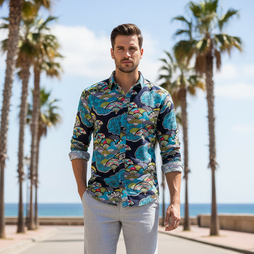 Men's Long Sleeve Paisley Print Linen Shirt